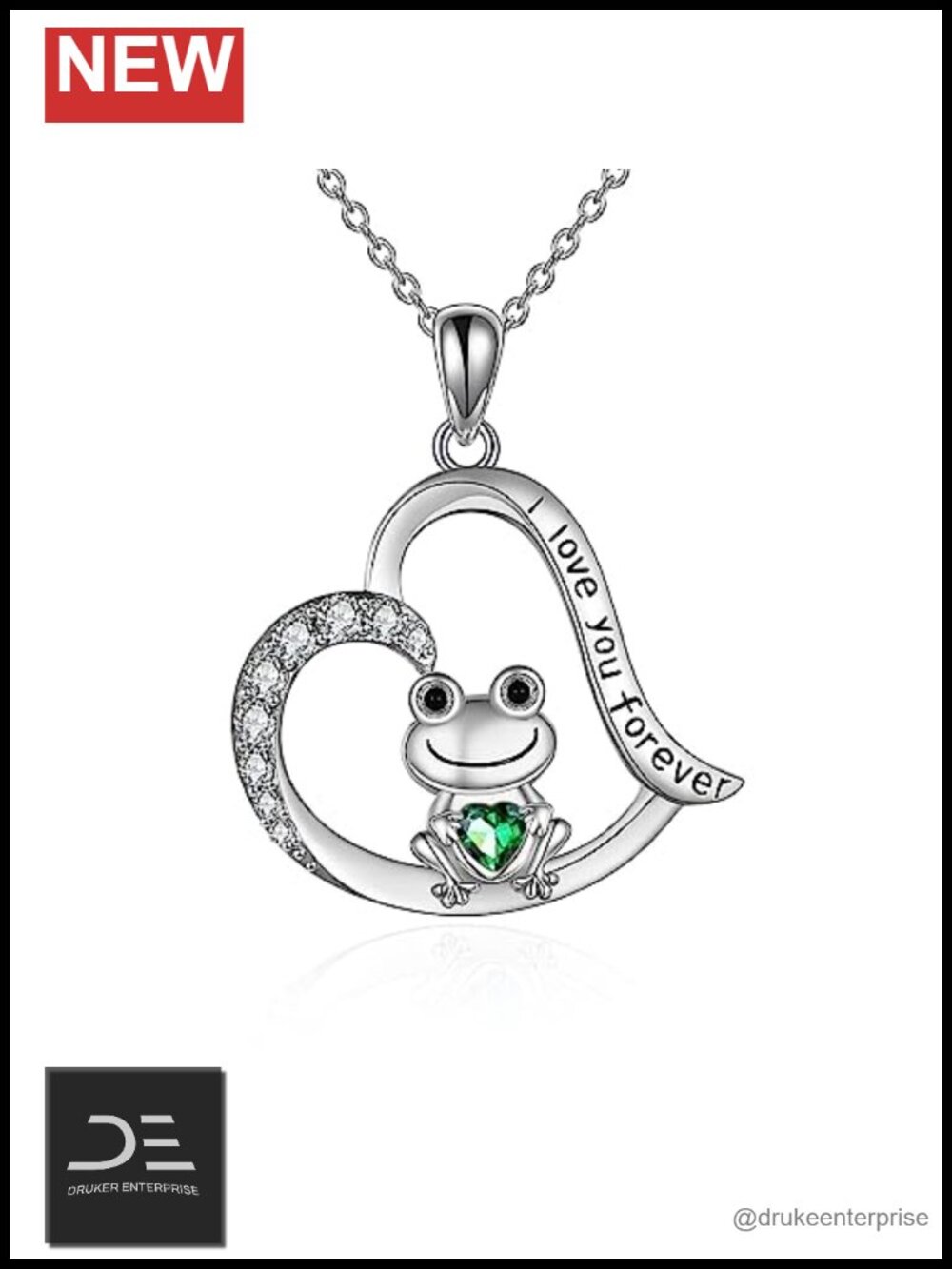 Sterling Silver Frog Necklace with Green Heart Cubic Zirconia Pendant Jewelry